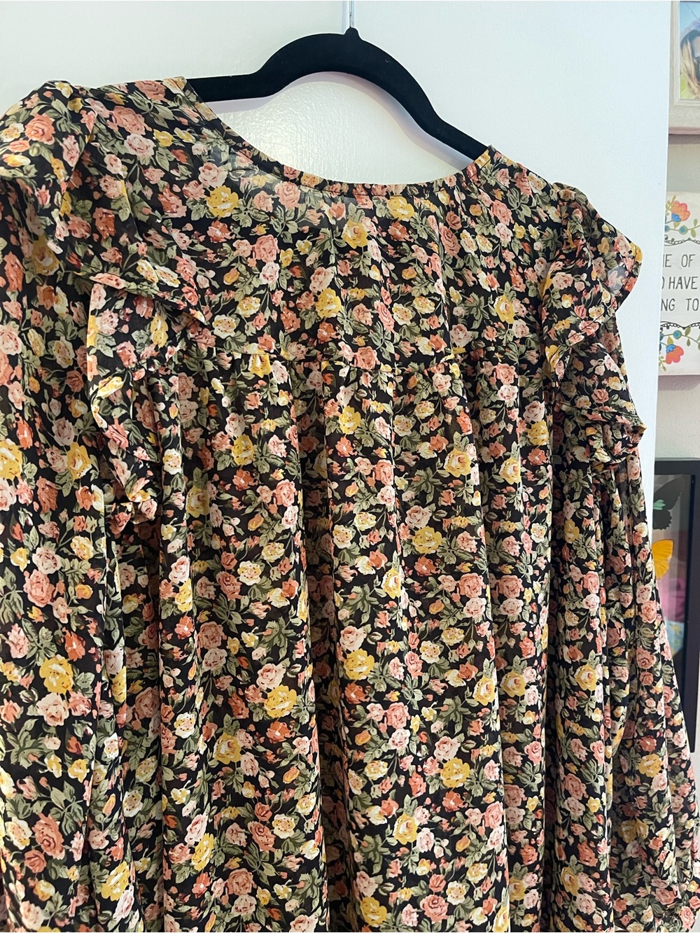 Black Floral Ruffle-Yoke Peasant Blouse - Picture 3 of 6